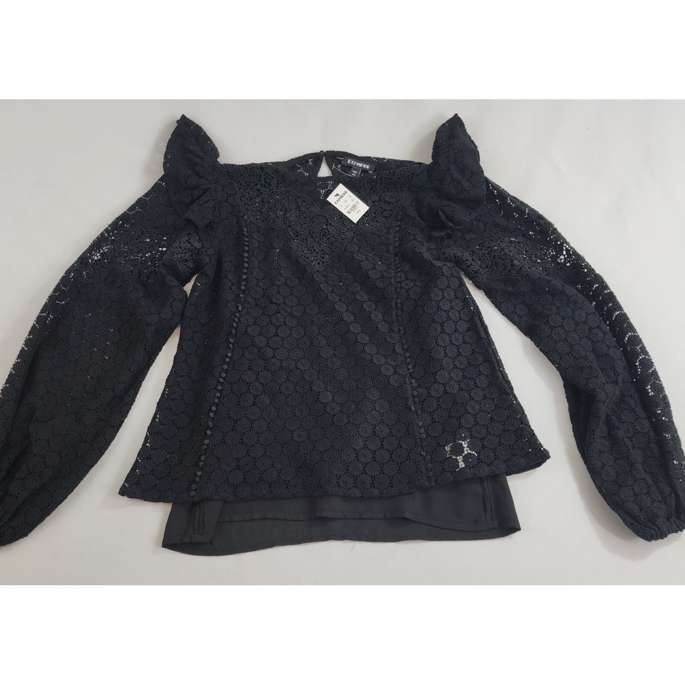 Express Womens XXS Black Lace Balloon Sleeve Blouse Top 32252477 NEW